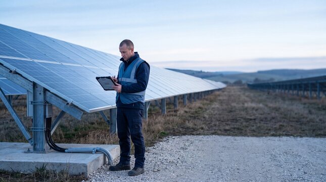 Photovoltaic Solar Farm Technician Inspecting Clean Energy Panels with Digital Tablet on Renewable Electricity Field in Daylight