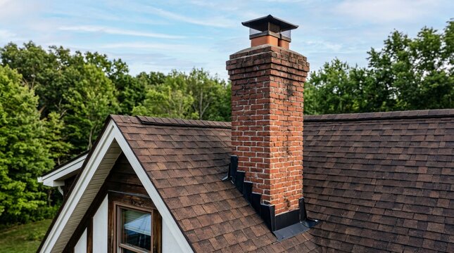 Weathered red brick chimney on steep pitched roof of brown shingles, black metal flashing, green trees against soft blue sky above.