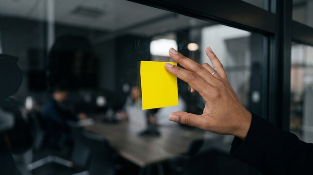 Close up of hand placing blank yellow sticky note on glass wall in modern office for brainstorming and project planning mockup.