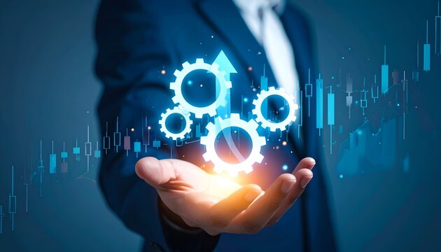 Business technology concept featuring a suited professional with glowing gears and an upward arrow above an open hand, symbolizing process optimization, innovation, management, and sustainable growth.