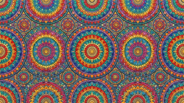 Bohemian mandala pattern background, colorful ethnic circular ornament texture, vibrant geometric kaleidoscope design for textile and wallpaper