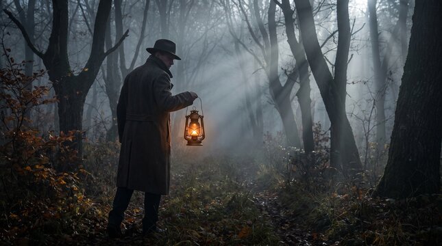Man with lantern walking through foggy forest at dawn
