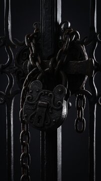 Antique Padlock and Chain Securing Ornate Metal Gate with Dark Background