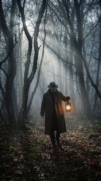 Man with lantern walking through foggy forest path at dawn