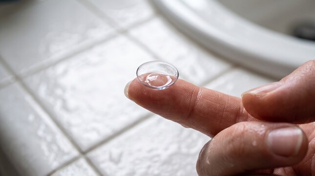 Close up of a person holding a clear contact lens on their fingertip over a tiled surface
