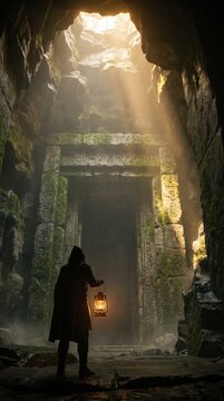 Adventurer with Lantern Explores Ancient Temple Entrance with Hieroglyphs