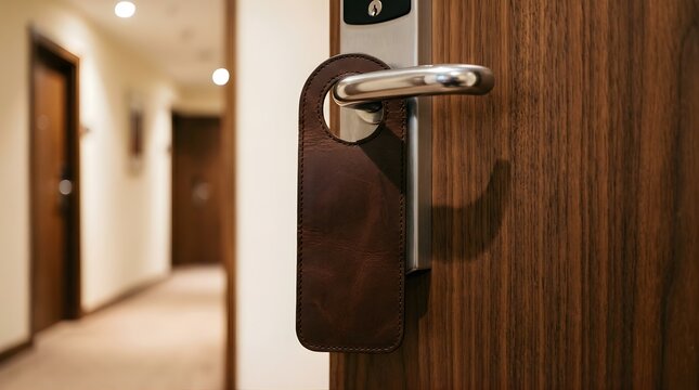 Empty leather hotel door hanger sign hanging on a luxury room door handle