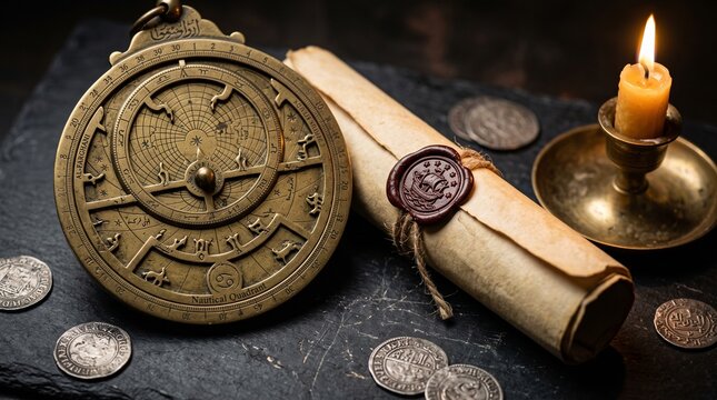 Ancient astrolabe nautical quadrant scroll and candle light on dark background
