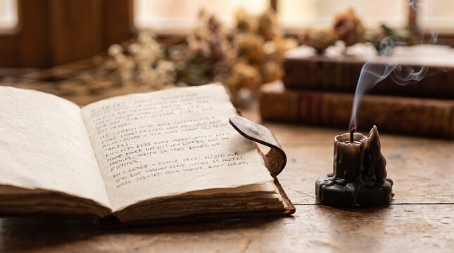 Open journal with handwritten notes and a smoking candle on a wooden table