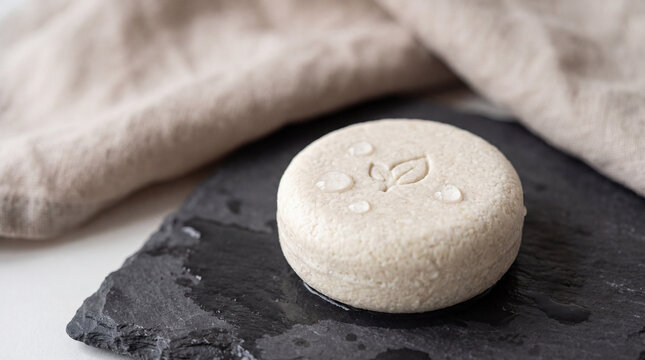 Eco friendly solid shampoo bar with embossed leaf logo and water drops on a black slate plate, concept of zero waste hair care, organic natural cosmetics, and sustainable bathroom styling.