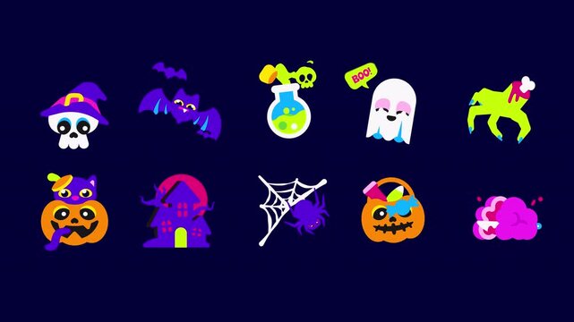 10 colorful Halloween stickers featuring witches, skulls, bats, potions, ghosts, pumpkins, haunted houses, spiders, spooky effects and monsters on transparent backgrounds.