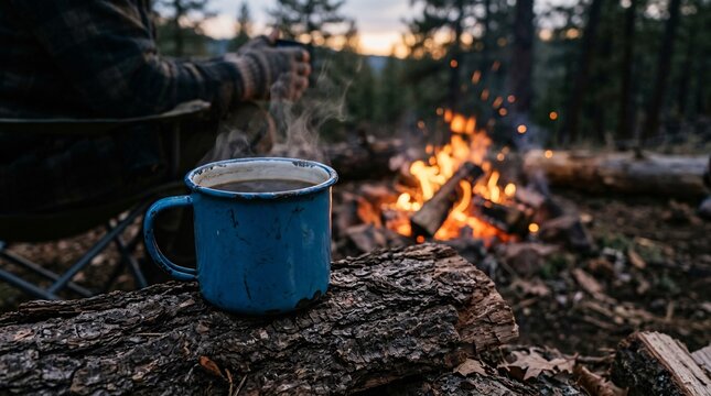 Steaming drink in chipped blue enamel camping mug on bark-covered firewood, blurred campfire, cool evening wilderness survival moment.