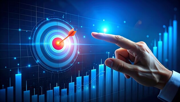 Professional hand interacting with a glowing target above financial charts, representing business objectives, strategic decisions, investment planning, and measurable growth.
