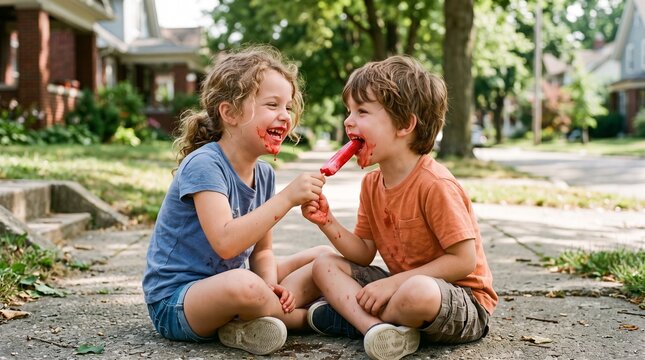 Joyful siblings share a red popsicle on a sunny suburban sidewalk with houses in the background