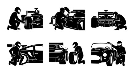 Naklejka premium Formula 1 Pit Stop Icons, Racing Car Service Vector Set, Motorsport Mechanics Teamwork Graphics