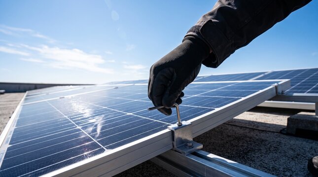 Close-up of technician hand in protective glove installing and fastening solar panel on rooftop using wrench tool under bright sunny sky.