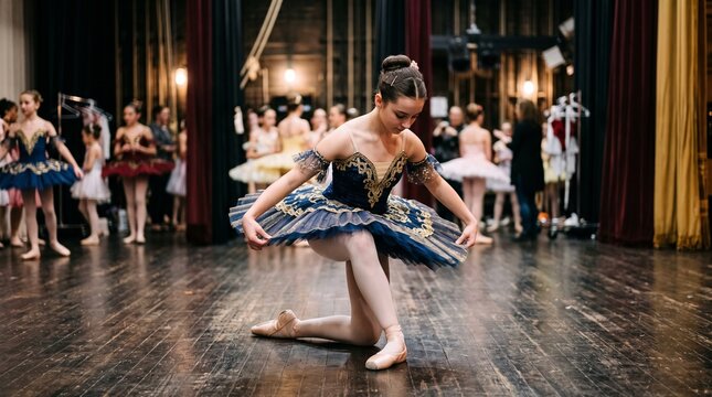Young ballerina in a blue tutu kneels on a wooden stage with other dancers in the background