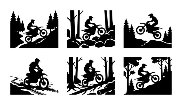 Motocross Rider Silhouettes, Extreme Sports Action Scenes, Off-Road Motorcycle Trails, Forest Adventure Vector Set