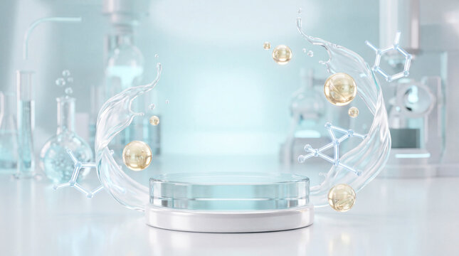 Futuristic laboratory podium mock-up with liquid water splash, golden oil capsules, and molecule structures on a blurred science research background, perfect for cosmetic product display and medical 
