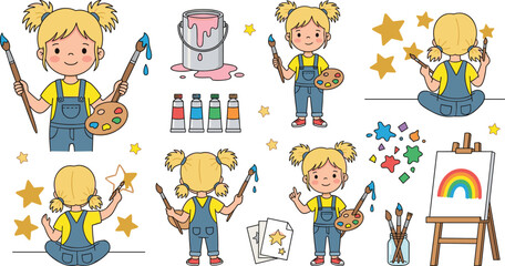 Fototapeta premium Cute Creative Artist Girl Character Set with Paint Palettes, Brushes, Easel, Canvas, Color Tubes, and Star Mural Flat Vector Illustration