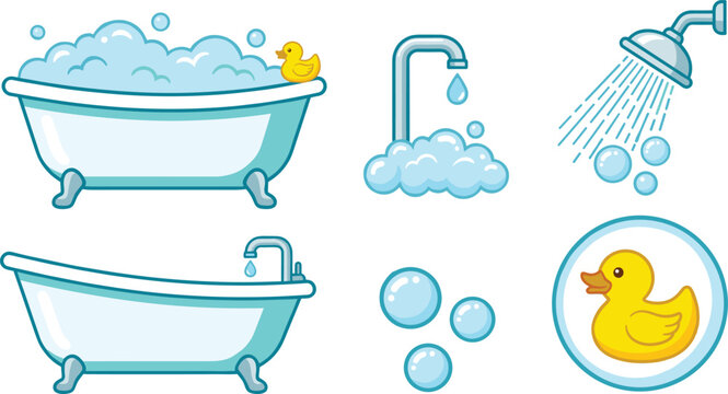 Bathroom Shower and Bubble Bath Set with Clawfoot Bathtubs, Water Faucet, Spraying Showerhead, Soap Bubbles, and Yellow Rubber Duck Vector Illustration