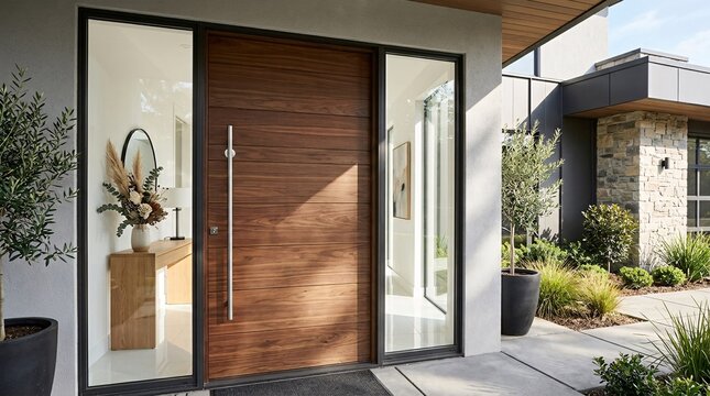 Modern front entryway with horizontal-grain wooden door and silver pull handle, glass sidelights, sunlit tiled hallway, dried flowers.