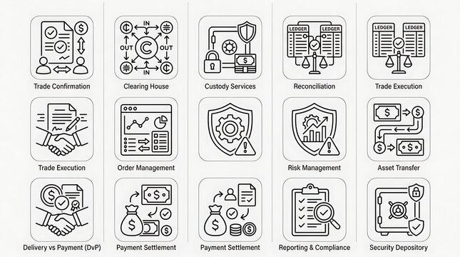 Financial trading and asset management icon set featuring investment processing, risk security, and payment settlement line art symbols