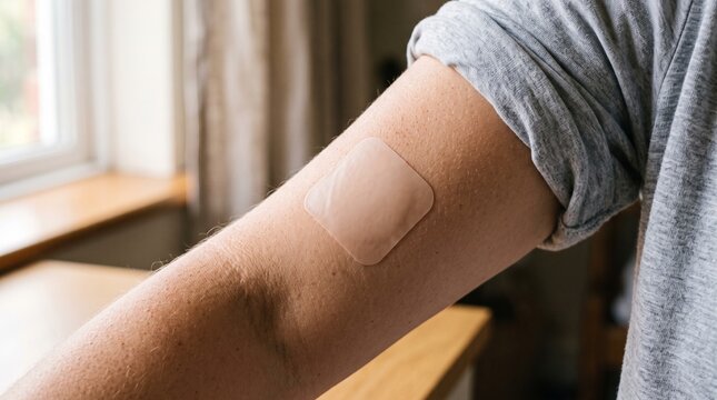 Close up of a person's arm with a square medical patch applied to the skin, healthcare concept