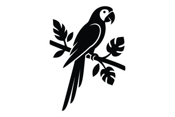 Naklejka premium Parrot bird perched on a leafy tree branch silhouette with feathers