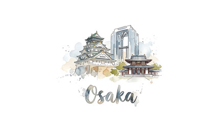 Naklejka premium Artistic watercolor depiction of iconic Osaka skyline featuring historical and modern architecture with the city name in elegant