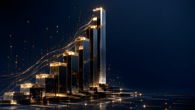 Luxury 3D conceptual illustration of a series of polished metallic financial blocks progressively increasing in height and value toward the horizon, elegant streams of luminous particles flowing upwar