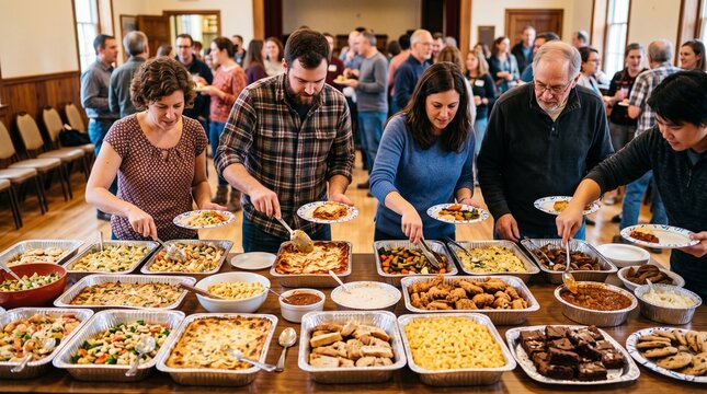 Diverse group of people serving themselves from a buffet of various dishes at a community gathering