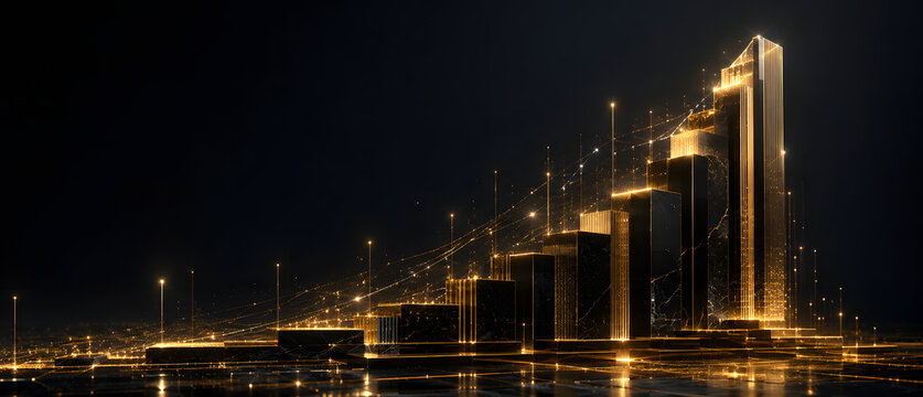 Luxury 3D conceptual illustration of a series of polished metallic financial blocks progressively increasing in height and value toward the horizon, elegant streams of luminous particles flowing upwar