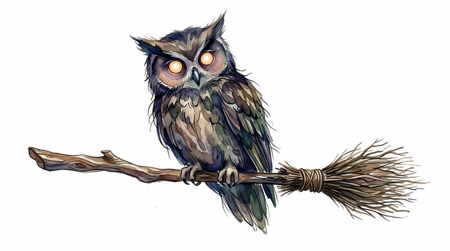 A mystical nocturnal predator with glowing golden eyes perched upon a wooden broomstick prepared for flight through the darkness representing folklore themes of witchcraft and sorcery in fantasy