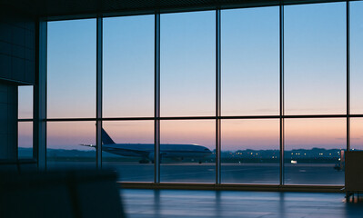 Naklejka premium inside a quiet modern airport at dawn, looking through an enormous floor-to-ceiling glass window toward a single airplane waiting outside