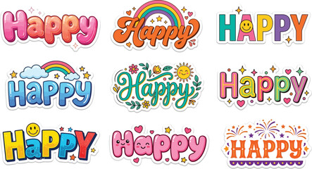Naklejka premium Cute Happy Lettering Sticker Collection with Colorful Typography and Cheerful Designs