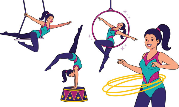 Circus Acrobat and Aerialist Performer Character Set with Trapeze Artist, Lyra Aerial Hoop Gymnast, Contortionist Handstand, and Hula Hoop Dancer Flat Vector Illustration