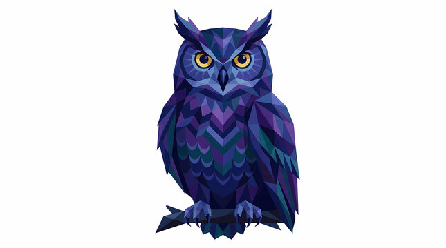 A colorful geometric representation of a wise owl perched on a branch displaying vibrant shades of purple and blue patterns which symbolise wisdom and knowledge within nature and wildlife designs