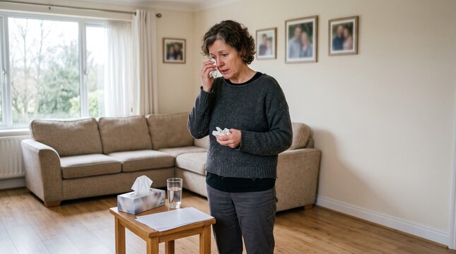 Middle aged woman crying and wiping tears with tissue in living room