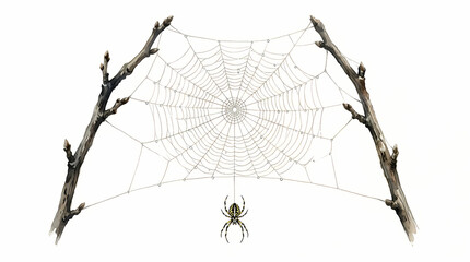 A creepy garden orb weaver spider sits patiently waiting upon a symmetrical sticky silk trap stretched tightly between two dry natural wooden twigs in the forest during the autumn fall harvest