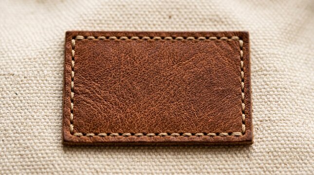 Blank brown full-grain leather patch with stitched edges on off-white canvas, macro grain detail, warm earthy premium product mockup.
