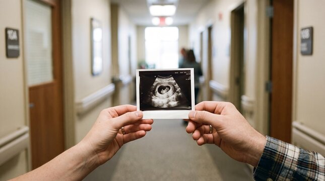 Couple holding ultrasound photo in hospital hallway announcing pregnancy joy and anticipation
