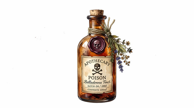 Aged brown glass vessel with vintage apothecary label containing toxic fluid sealed by wax seal with skull emblem and decorated with dried lavender stalks tied by rustic twine for mystical