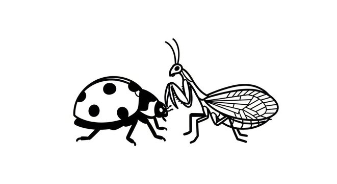Ladybug and praying mantis facing each other.