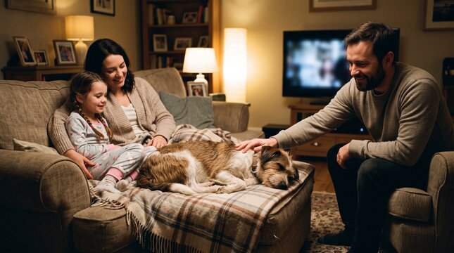 Family relaxing at home with their dog on the couch in a cozy living room setting