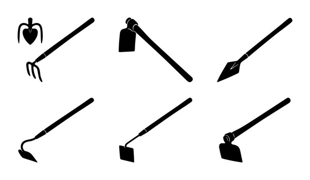Gardening Tools Vector Icons: Hoes, Cultivators, and Digging Implements Set