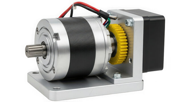 Industrial electric stepper motor with metal gear bracket isolated on transparent background
