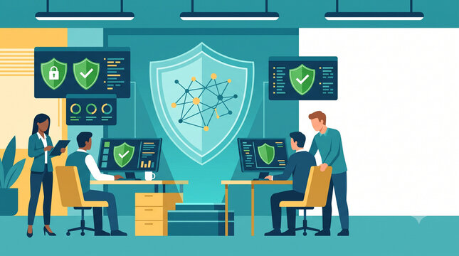 Business Team Monitoring Data Security Flat Vector Illustration Banner