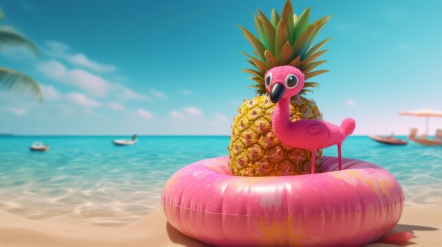 Whimsical Pineapple Flamingo on Tropical Beach