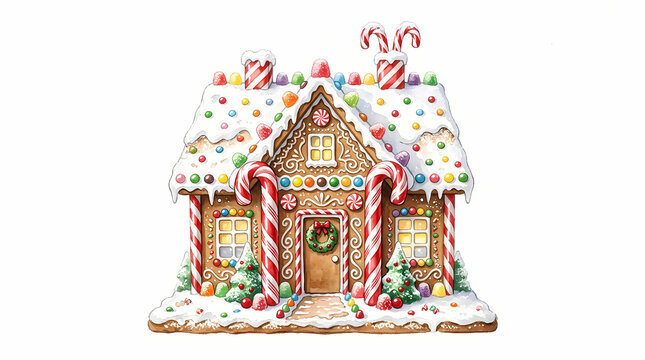 Traditional handmade gingerbread cottage decorated with colorful candy canes frosting and sugary gumdrops features a festive holiday atmosphere capturing the joyful spirit of winter seasonal
